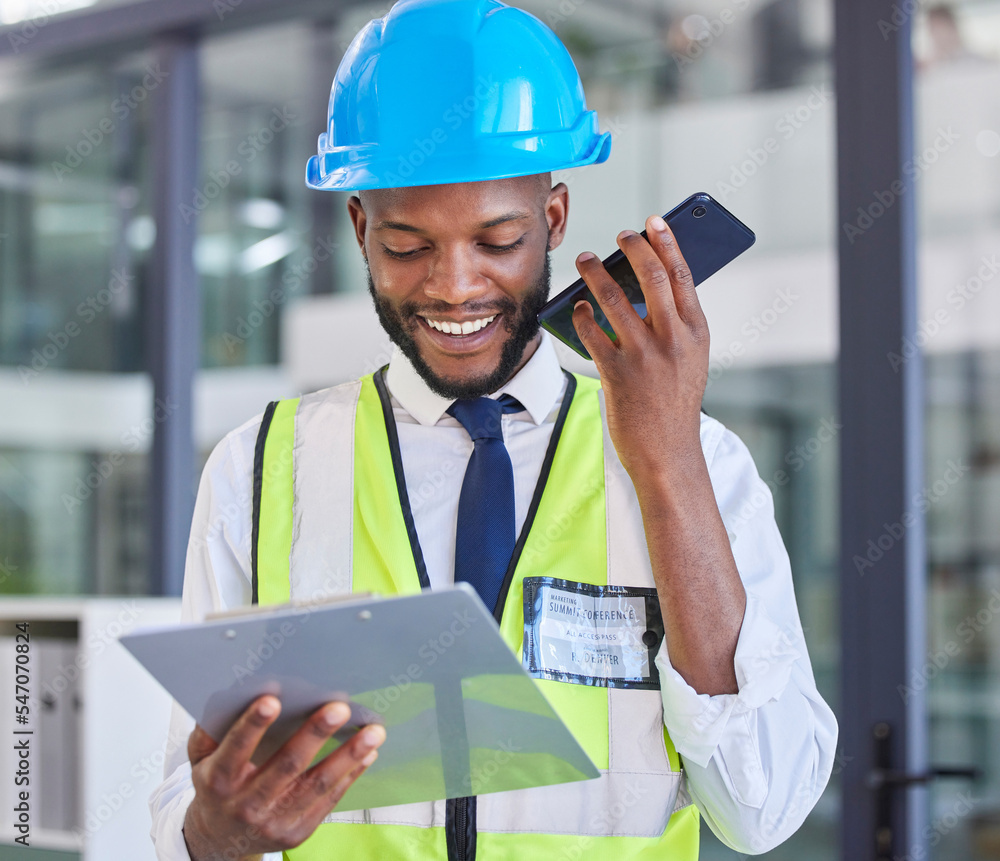 Poster construction worker, clipboard and phone with a man on a wifi call in a engineering office. architec
