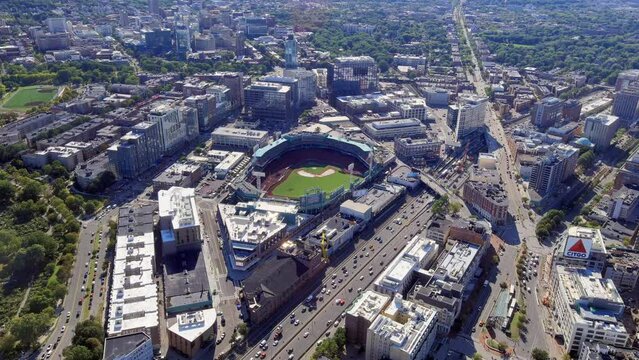 Fenway Park baseball stadium, aerial view of sports arena in Boston USA