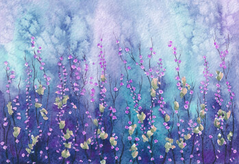 Bright purple and blue floral landscape. Flowering twigs with flowers and leaves on textured spotted background. Artistic spring background. Watercolor painting on textured paper. - 547071613