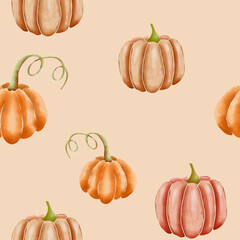 Orange, brown and pink hand drawn watercolor pumpkins on beige, seamless repeating surface pattern design
