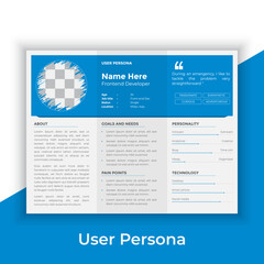 User Persona Document Template Vector Illustration. Examples of User Personas template. Persona Document. Persona Template for UI UX designer. User Persona vector horizontal template with blue color. 