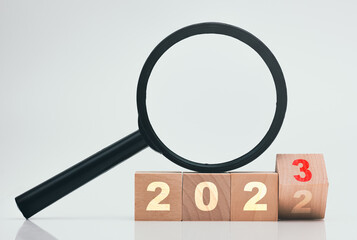 2023 wood block with magnifying glass on white background.