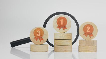 Magnifying glass with wood block on white background, analysing competition event concept.