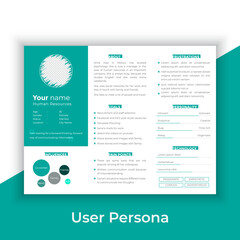 User Persona Document Template Vector Illustration. Examples of User Personas template. Persona Document. Persona Template for UI UX designer. User Persona vector horizontal template with blue color. 