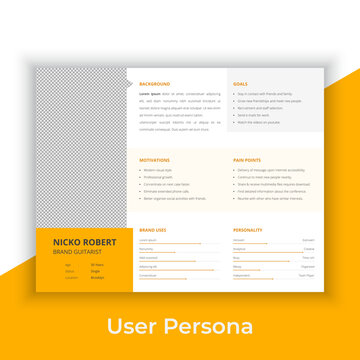 User Persona Document Template Vector Illustration. Examples of User Personas template. Persona Document. Persona Template for UI UX designer. User Persona vector horizontal template with blue color. 