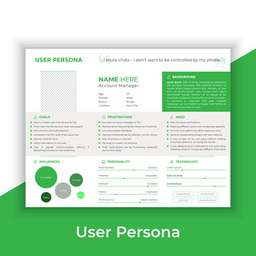 User Persona Document Template Vector Illustration. Examples of User Personas template. Persona Document. Persona Template for UI UX designer. User Persona vector horizontal template with blue color. 
