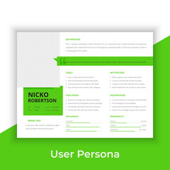 User Persona Document Template Vector Illustration. Examples of User Personas template. Persona Document. Persona Template for UI UX designer. User Persona vector horizontal template with blue color. 