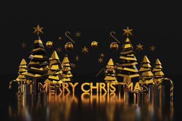 Celebrate new year christmas holiday concept,abstract metallic black glossy gold,christmas tree,star,gift box decoration scene,isolated dark tone background,copy space,in put text,3D rendering