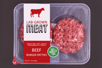 Lab grown cultured meat concept for artificial in vitro cell culture meat production with packed...