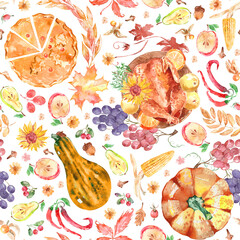 Thanksgiving dinner, Watercolor seamless harvest pattern,
autumn background - 547073857