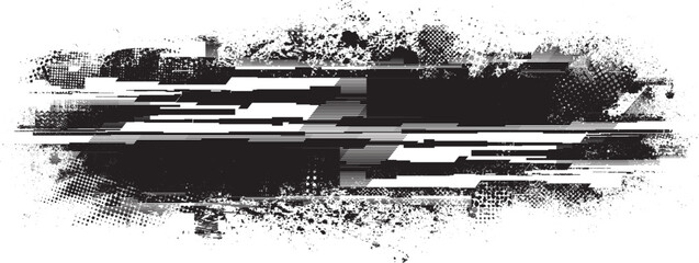 Glitch distorted grungy shape . Noised grange texture. Textured and glitched shapes .Grunge texture. Screen print and noise effect .Vector overlay background with a halftone dots screen print texture.