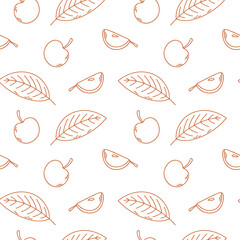 Seamless pattern with apple and leaf. Vector outline illustration.