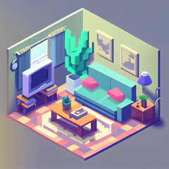 3d illustration isometric interior cute design. Living room includes a lot of voluminous objects and details.