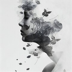 Multiple double exposures Stunning young woman silhouette vector art, double exposure butterflies