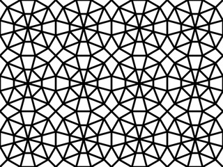 Geometric tessellated repeating dodecagon and triangle shapes mosaic pattern of black outlines, PNG transparent background.