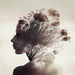 young woman silhouette, double exposure with tree