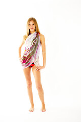 Young pretty woman in swimming suit over white