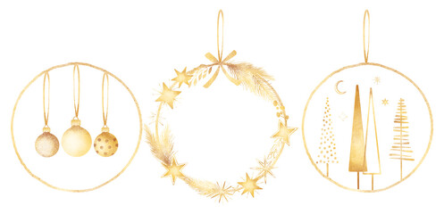 Watercolor hand drawn set, circle composition. Shiny gold Christmas decoration elements, Christmas tree, balls, spruce branches, yellow star isolated on white background. New year wreath collection.