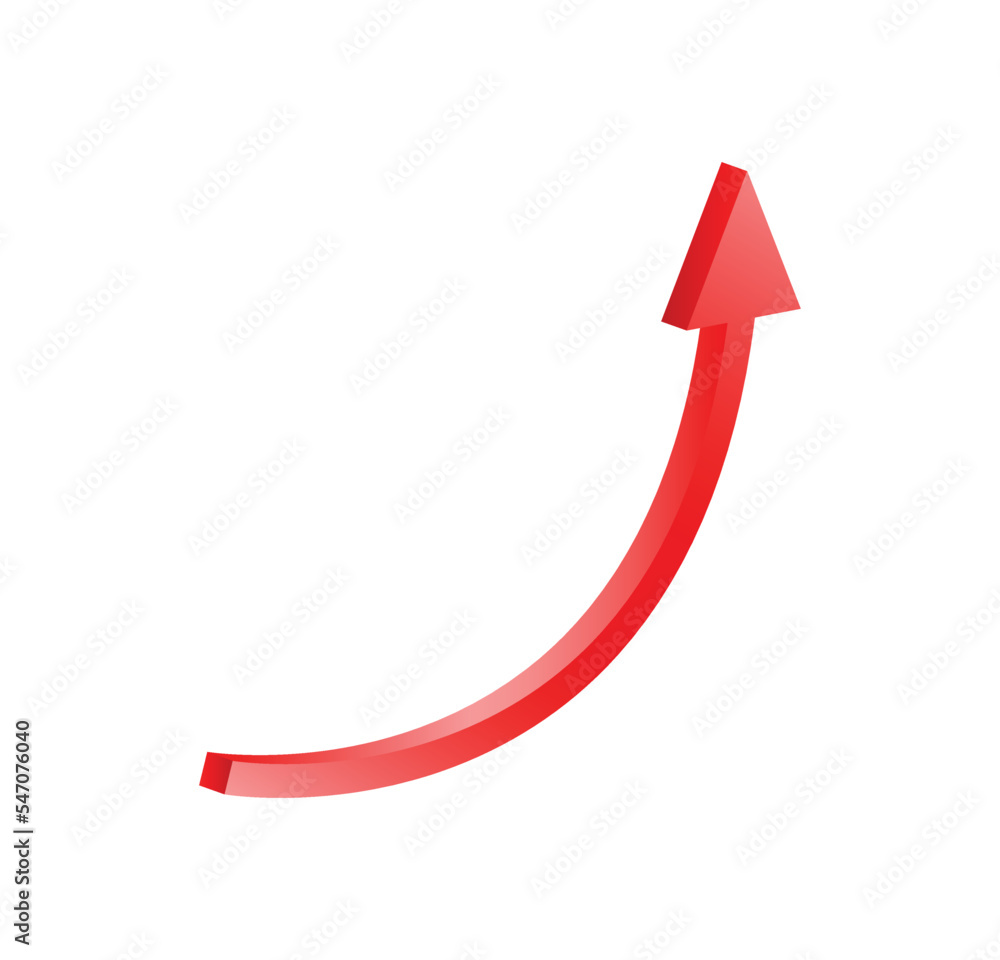 Poster curved up red arrow. direction pointer and business cursor for navigating charts