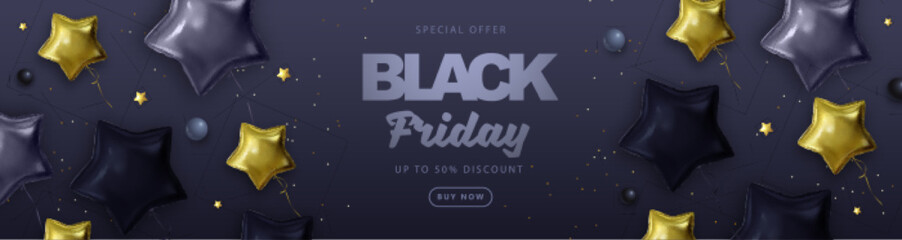 Black friday big sale typography poster with  black and gold star shaped balloons. Vector illustration