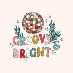 Retro Groovy Hippie Christmas hand drawn greeting card clipart composition, modern 60s 70s retro card, poster, banner design