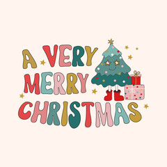 Retro Groovy Hippie Christmas hand drawn greeting card clipart composition, modern 60s 70s retro card, poster, banner design