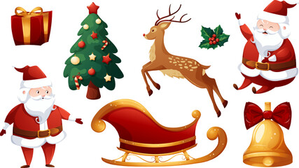 Christmas set cartoon. Jumping deer, laughing Santa Claus, sleigh, Christmas tree, gift, golden bell and holly