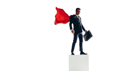 Corporate businessman with a superhero cape isolated on a transparent background © Jacob Lund