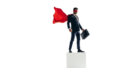 Corporate businessman with a superhero cape isolated on a transparent background