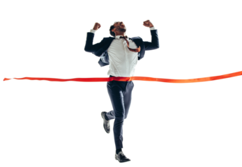 Winning businessman approaching the finish line on a transparent background