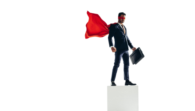 Corporate businessman with a superhero cape isolated on a transparent background - Powered by Adobe