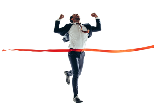Winning businessman approaching the finish line on a transparent background - Powered by Adobe