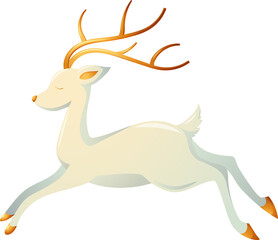 White cartoon reindeer with golden horns and hooves on transparent background