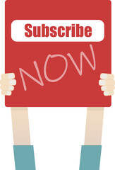 Isolated transparent of hands holding a red square board says subscribe now for video streaming web template