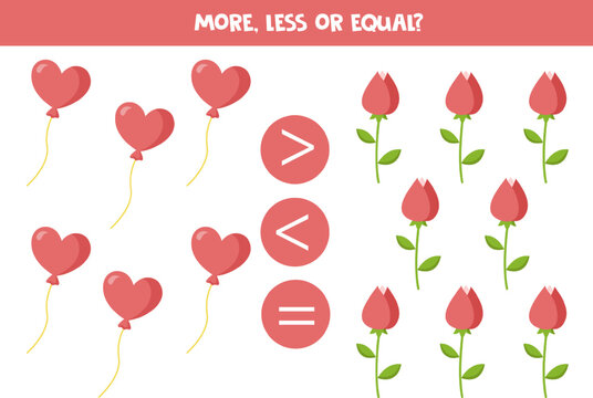 More, less or equal with cartoon valentine day balloon and rose.
