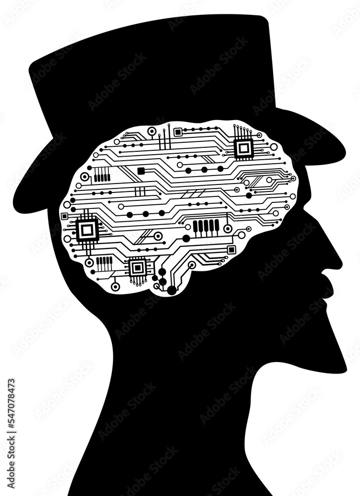 Poster beautiful communication old man profile with circuit techno human brain. artificial intelligence, cy