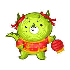 Obraz premium Happy Chinese new year greeting character 2024. The symbol of new year is dragon. Cute green Dragon in red costume with paper lantern.