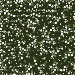 Cute floral pattern. Seamless vector texture. An elegant template for fashionable prints. Print with small white flowers, green leaves. dark green  background.