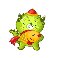 Chinese cute green dragon holds the Golden fish. It is symbol of 2024 year. Dragon wish prosperity, wisdom and happiness