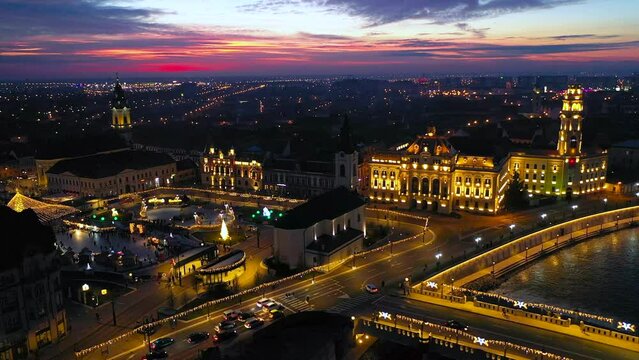 Oradea, Romania. Aerial drone flight over Christmas Market, Europe.