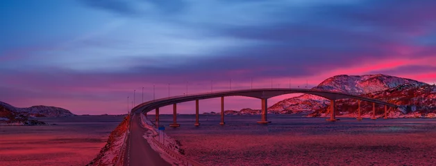 Foto op Aluminium Sommaroy Bridge is a cantilever bridge connecting the islands of Kvaloya and Sommaroy at amazing sunset - Hillesoy Tromso Norway © muratart