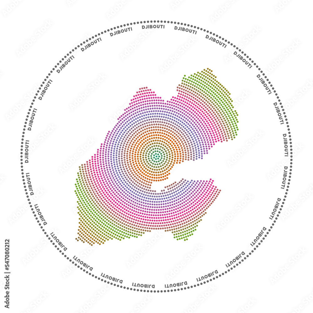 Poster djibouti round logo. digital style shape of djibouti in dotted circle with country name. tech icon o
