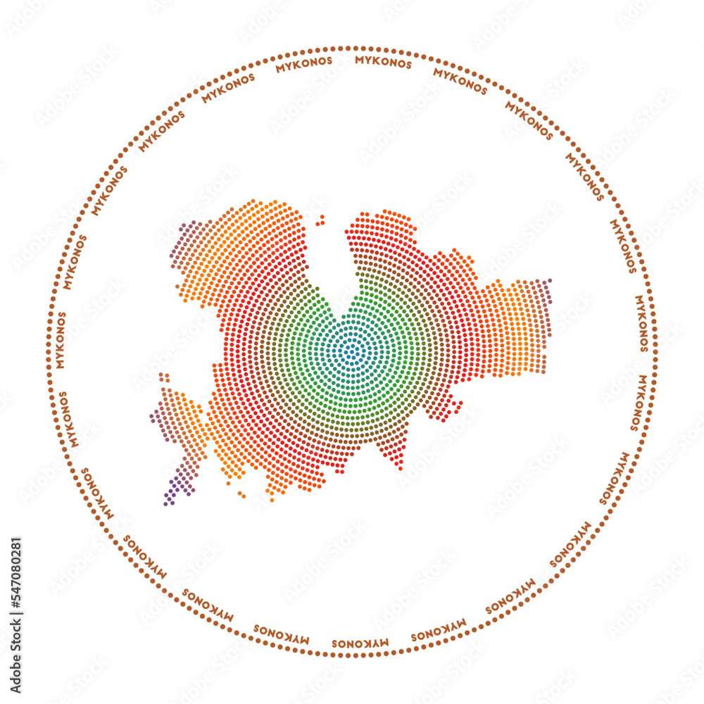Poster mykonos round logo. digital style shape of mykonos in a dotted circle with the island name. tech ico