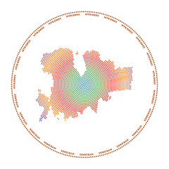 Mykonos round logo. Digital style shape of Mykonos in dotted circle with island name. Tech icon of the island with gradiented dots. Trendy vector illustration.