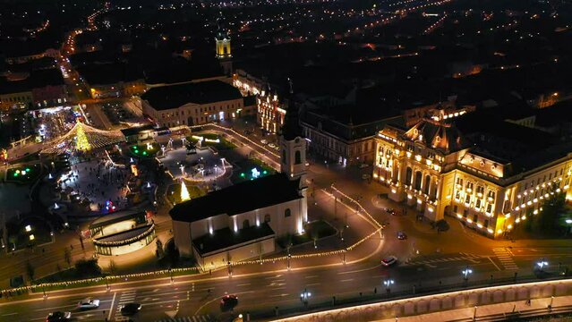 Oradea, Romania. Aerial drone flight over Christmas Market, Europe.