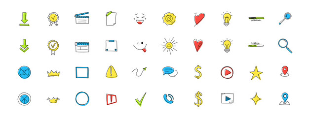 Doodle colored hand drawn icons set