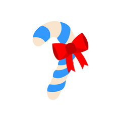 Vector illustration of a sweet stick made of candy. Christmas or New Year's holiday flat icon. A white cane with red stripes isolated on a green background. Template for printing gifts, greeting cards