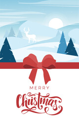 Winter landscape with deer and pines on greeting card.