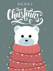 Christmas card with a cute white bear in red sweater with garland.