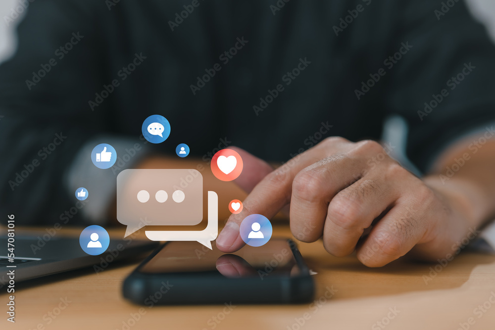 Poster concepts of social media and digital online, with a man using a smart phone the concept of living on
